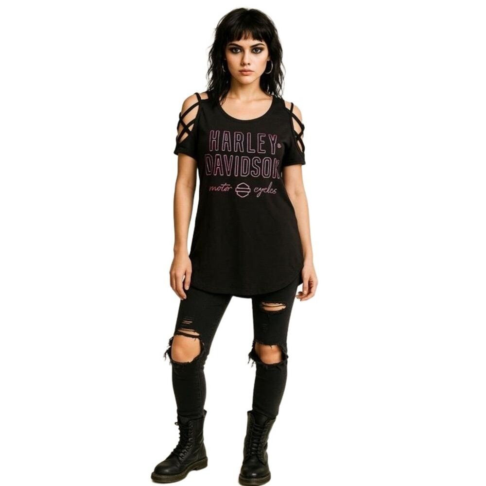 Harley-Davidson Women’s Black‎ Cut-Out Sleeve Tunic T-Shirt Size Medium NWOT